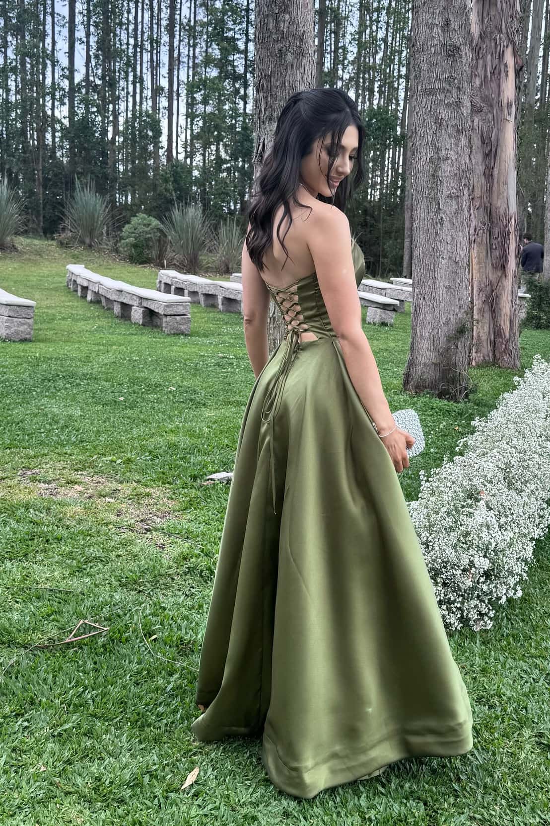 Olive Satin Strapless A-line Formal Dress