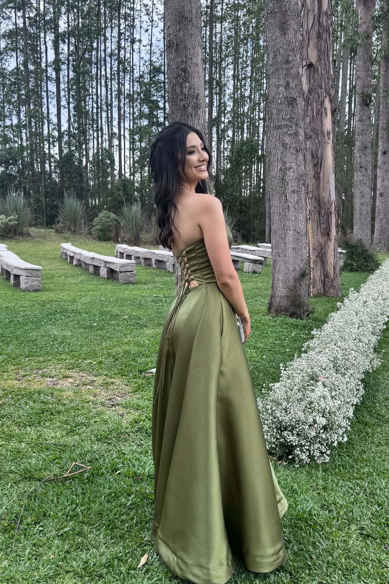 Olive Satin Strapless A-line Formal Dress