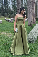 Olive Satin Strapless A-line Formal Dress