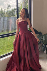 Strapless Burgundy Satin A-line Ball Gown