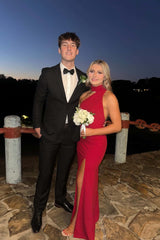 High Neck Red Fitted Party Dress with Slit