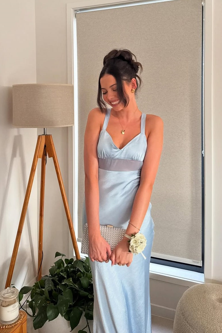 Blue Satin V Neck Fitted Long Dress