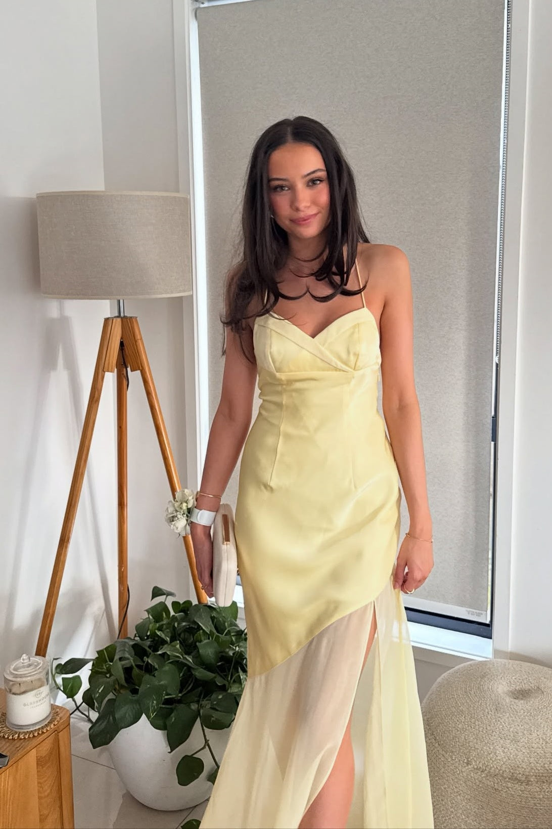Straps Yellow Satin Fitted Long Prom Dress