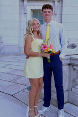 Tie Shoulders Yellow Satin Fitted Short Dress