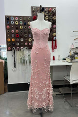 Pink Straps Mermaid 3D Flowers Long Dress