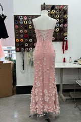 Pink Straps Mermaid 3D Flowers Long Dress