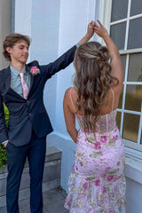 Straps Pink Floral Beaded Mermaid Ruffle Long Dress