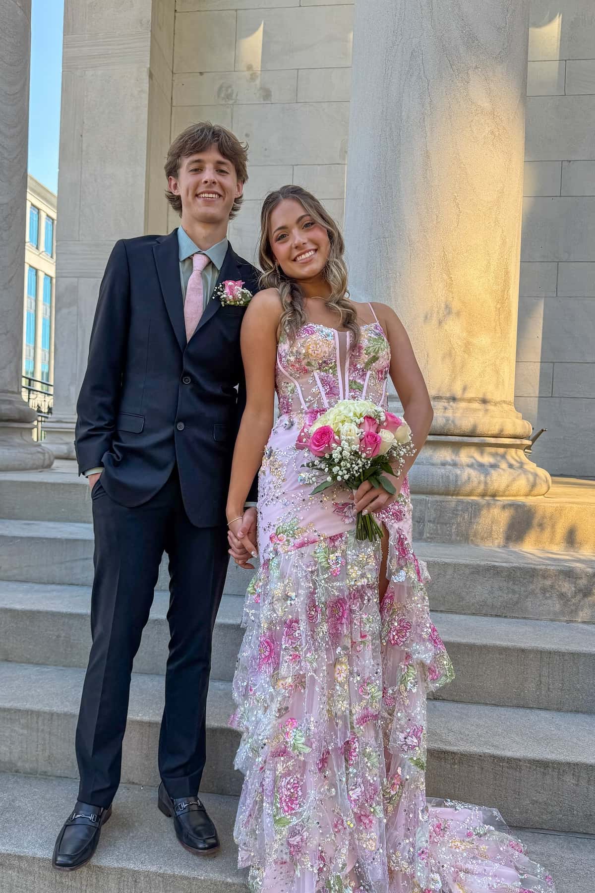Straps Pink Floral Beaded Mermaid Ruffle Long Dress
