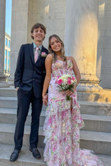 Straps Pink Floral Beaded Mermaid Ruffle Long Dress