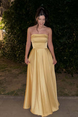 Strapless Yellow Satin A-line Long Formal Dress