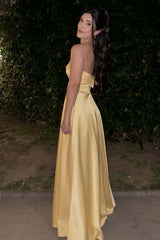 Strapless Yellow Satin A-line Long Formal Dress