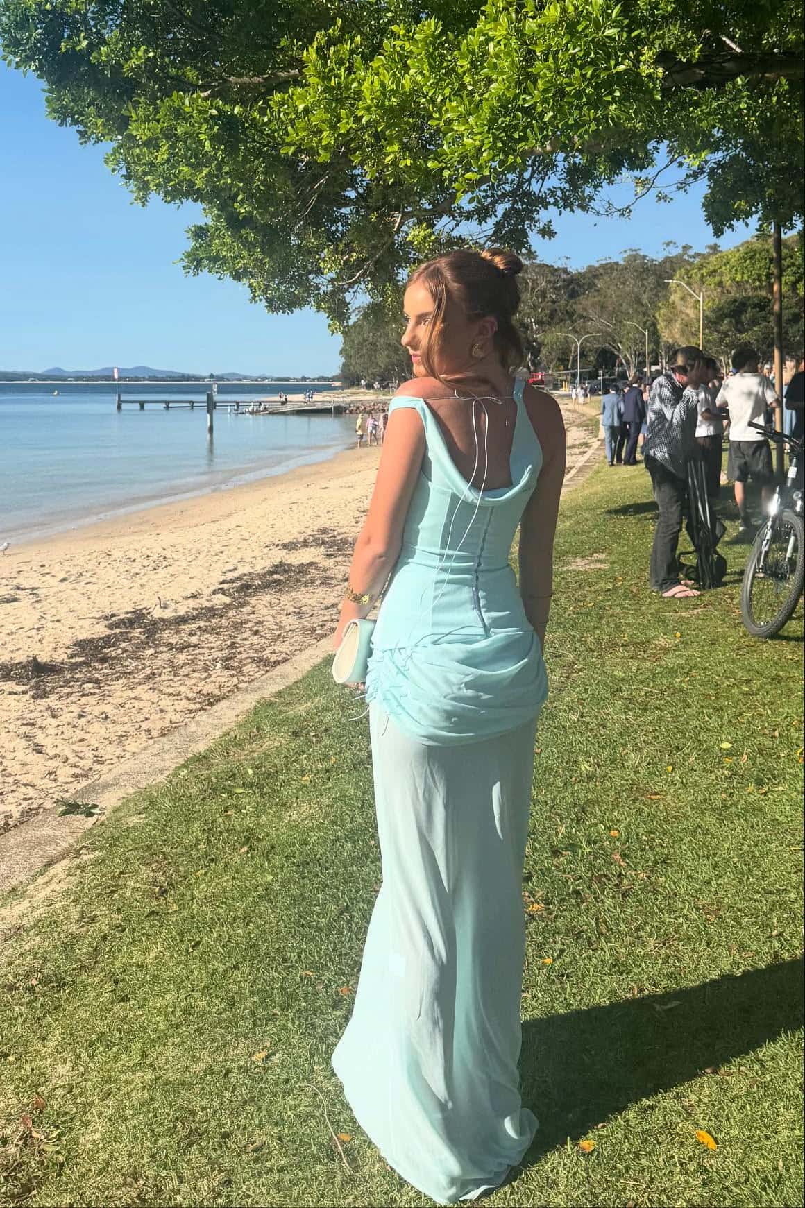 One Shoulder Blue Sheer Draped Long Dress