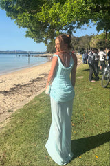 One Shoulder Blue Sheer Draped Long Dress