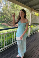 One Shoulder Blue Sheer Draped Long Dress
