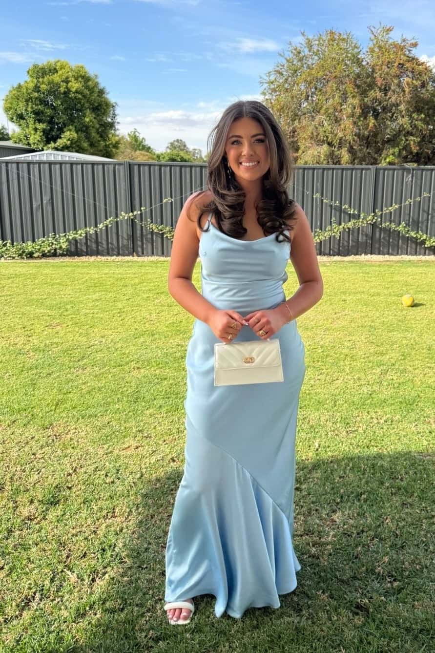 Cowl Neck Light Blue Satin Fitted Dress