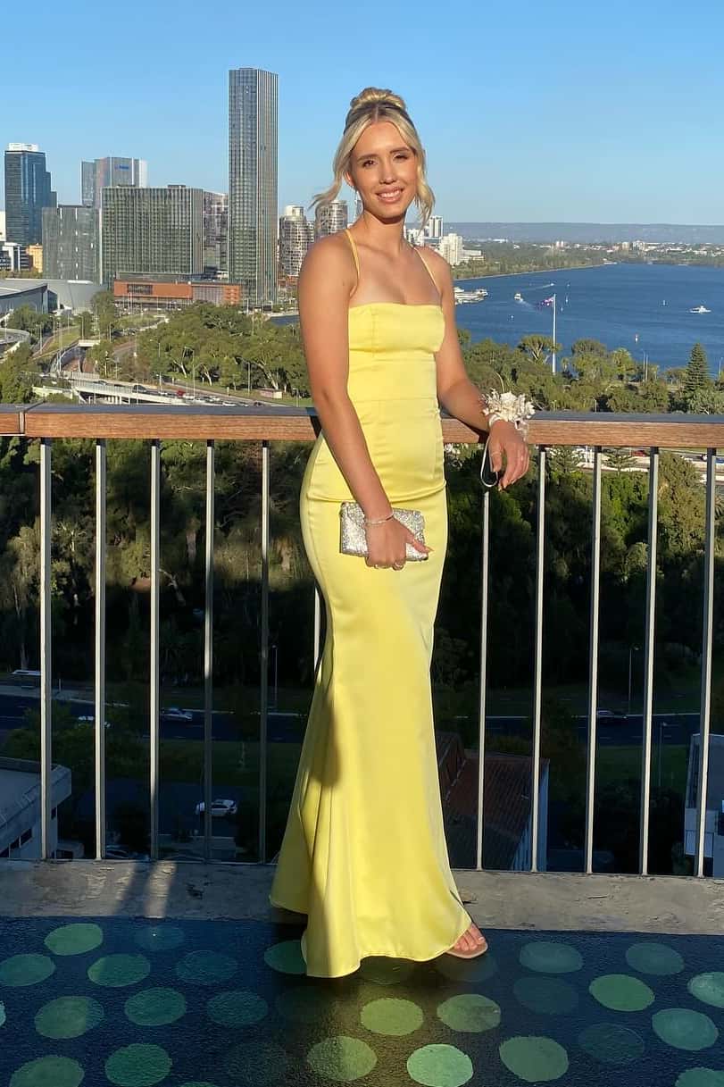 Yellow Satin Straps A-line Long Prom Dress