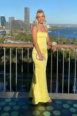 Yellow Satin Straps A-line Long Prom Dress