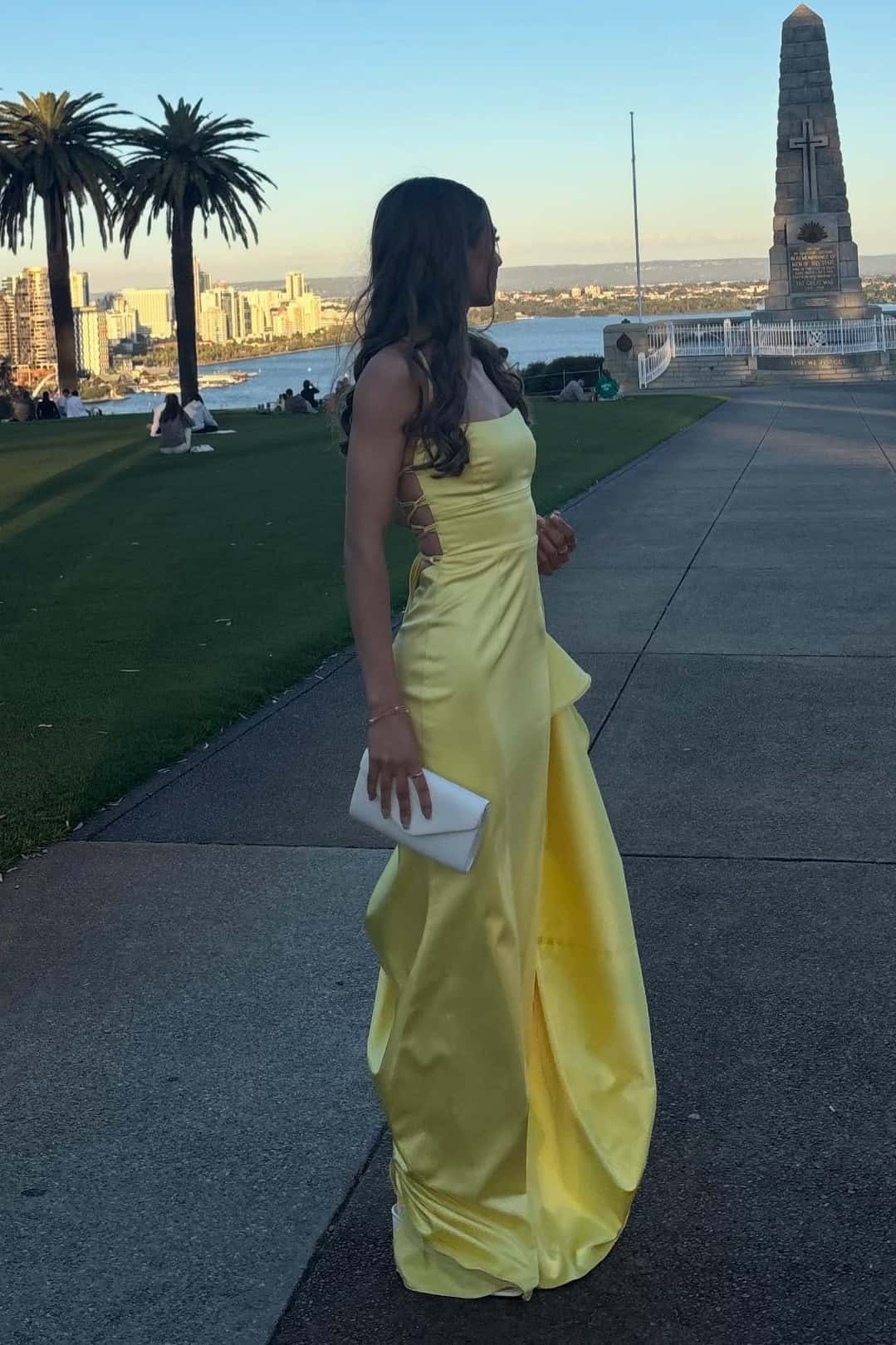 Yellow Satin Straps A-line Long Prom Dress