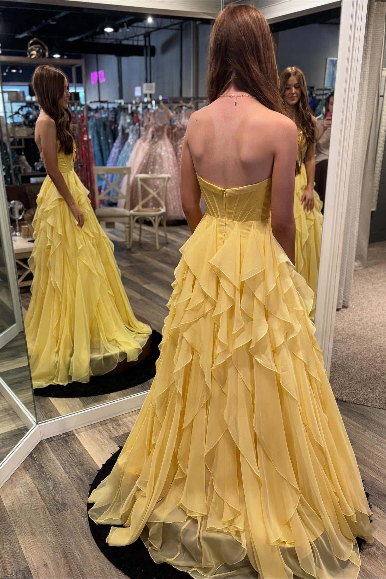 Yellow Bow Front Chiffon Ruffle A-line Gown