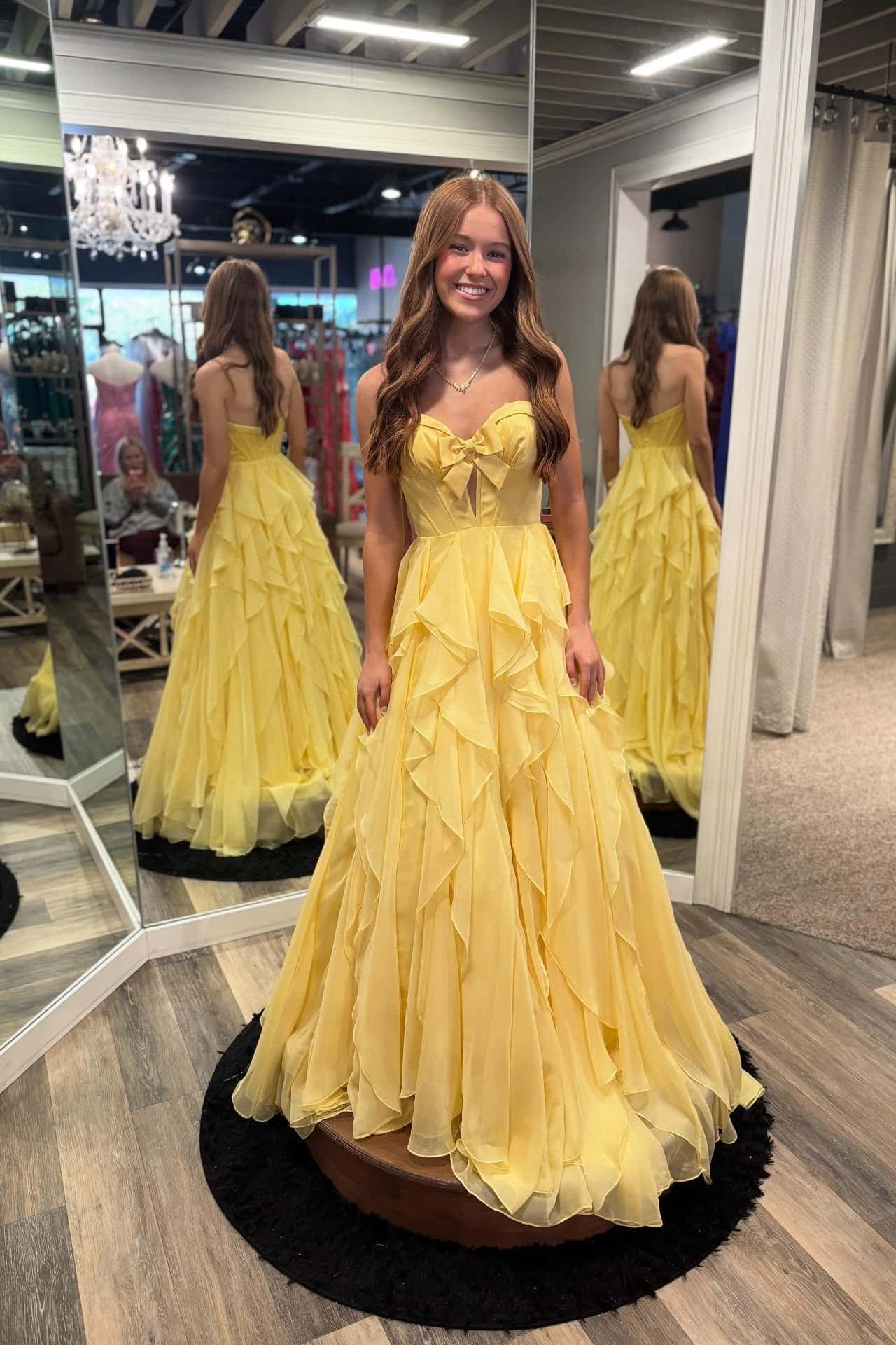 Yellow Bow Front Chiffon Ruffle A-line Gown