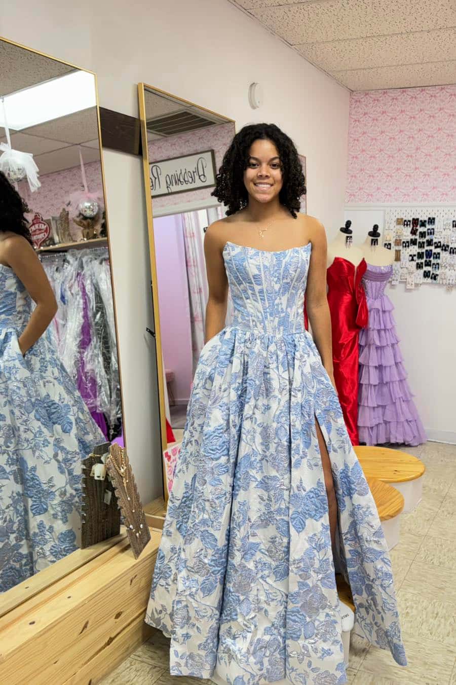 Strapless Blue Floral A-line Long Prom Dress
