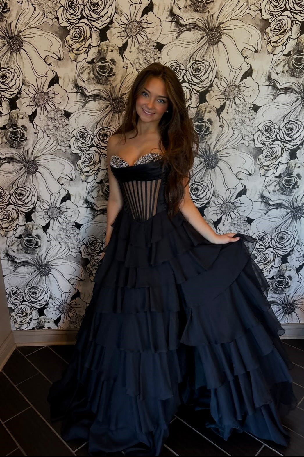 Black Sheer Corset Chiffon A-line Ruffle Long Dress