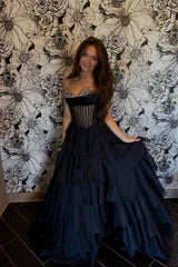 Black Sheer Corset Chiffon A-line Ruffle Long Dress