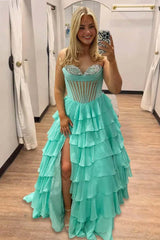 Black Sheer Corset Chiffon A-line Ruffle Long Dress