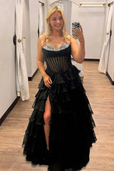 Black Sheer Corset Chiffon A-line Ruffle Long Dress