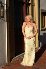 Yellow Floral Appliques Mermaid Long Maxi Dress