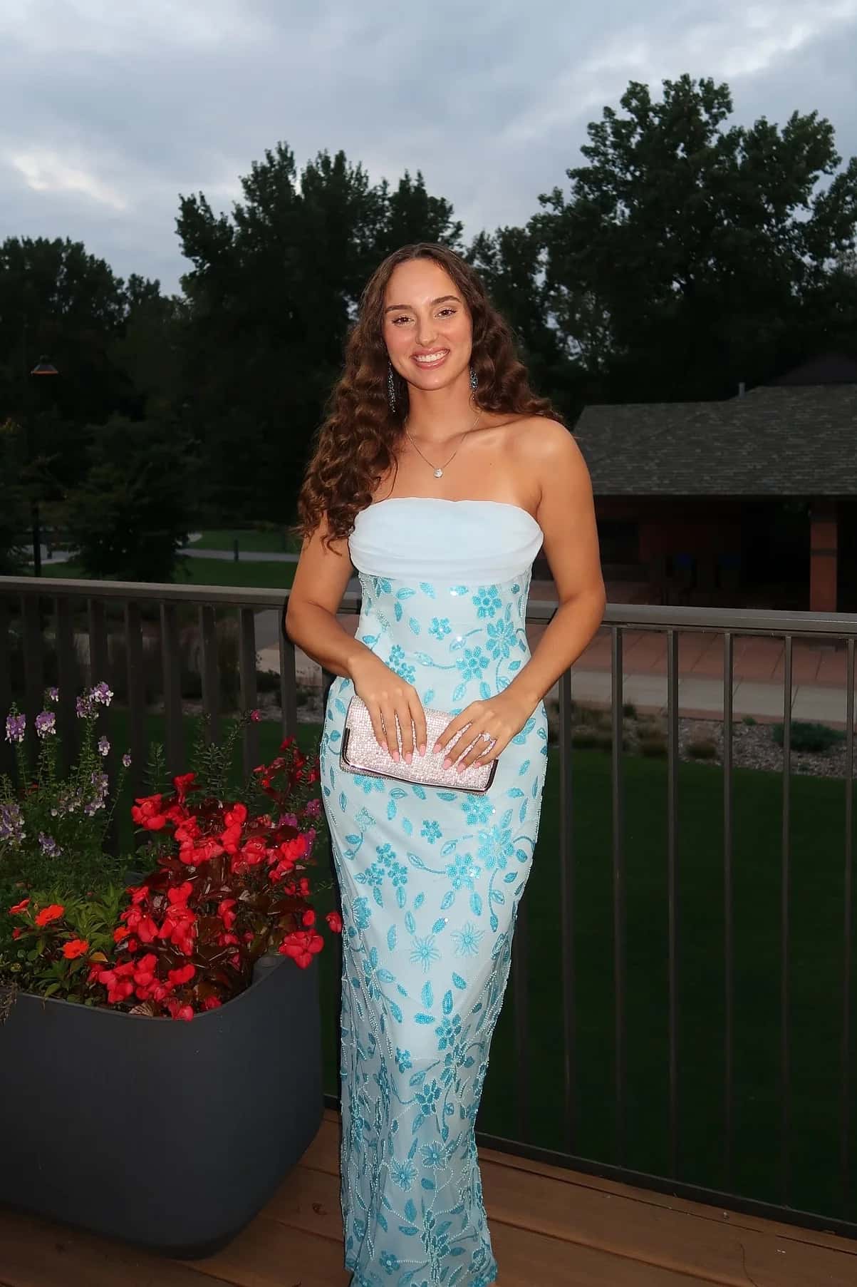 Cowl Neck Blue Beaded Fitted Long Prom Dress