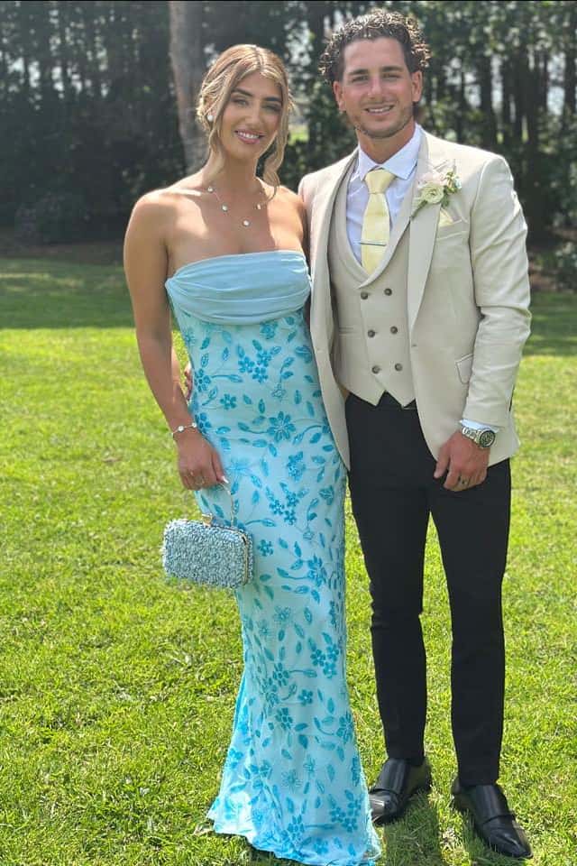 Cowl Neck Blue Beaded Fitted Long Prom Dress