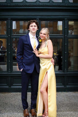 Twist Yellow Satin Cutout A-line Long Prom Dress