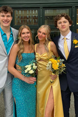 Twist Yellow Satin Cutout A-line Long Prom Dress