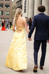 Twist Yellow Satin Cutout A-line Long Prom Dress