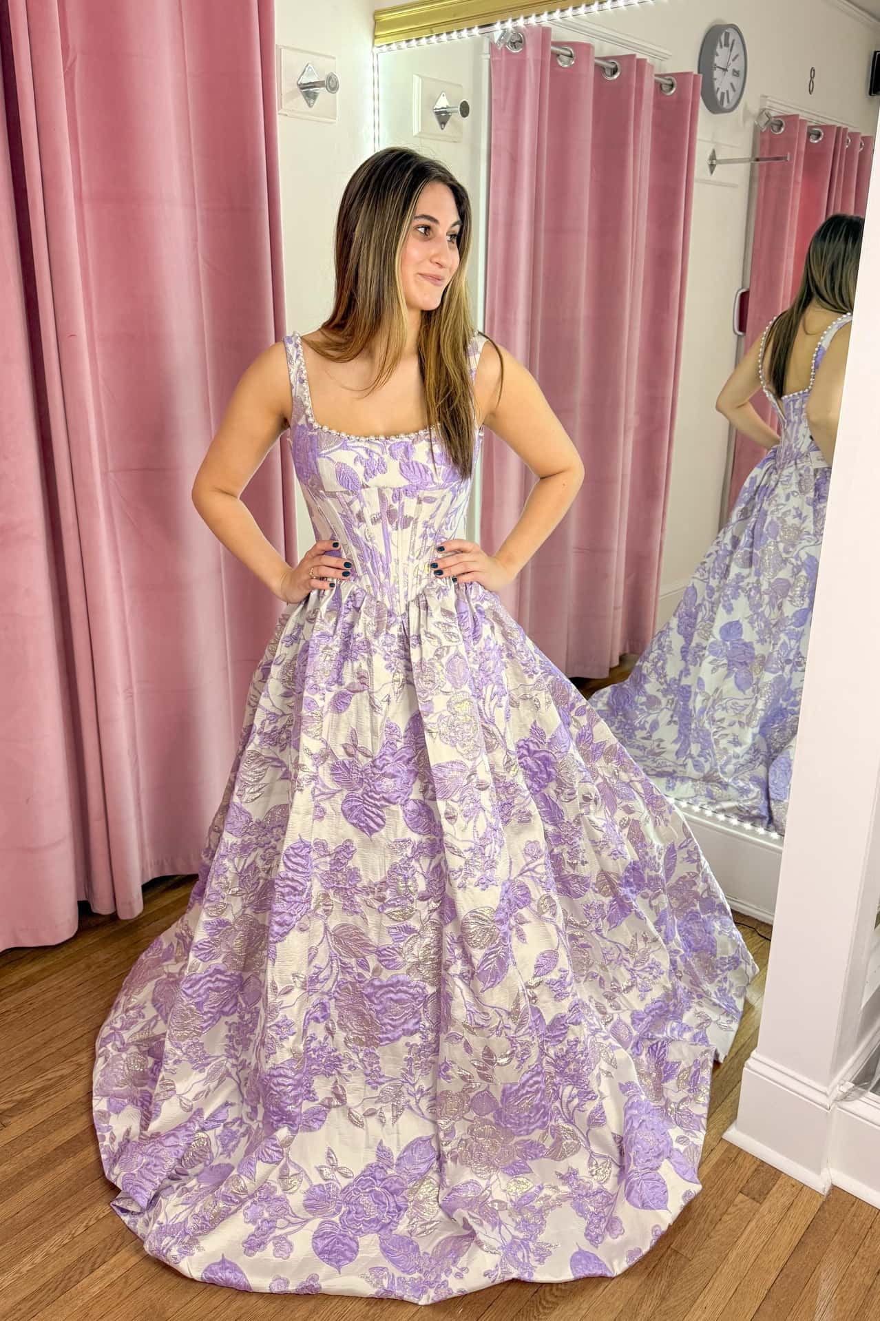 Pearls Lilac Jacquard Square A-line Long Prom Dress