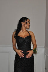 Gorgeous Black Beaded Halter Slit Long Prom Dress