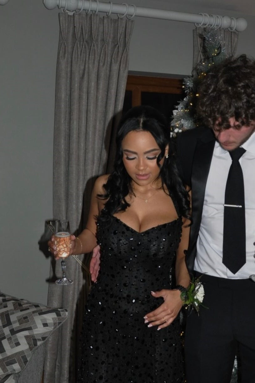 Gorgeous Black Beaded Halter Slit Long Prom Dress