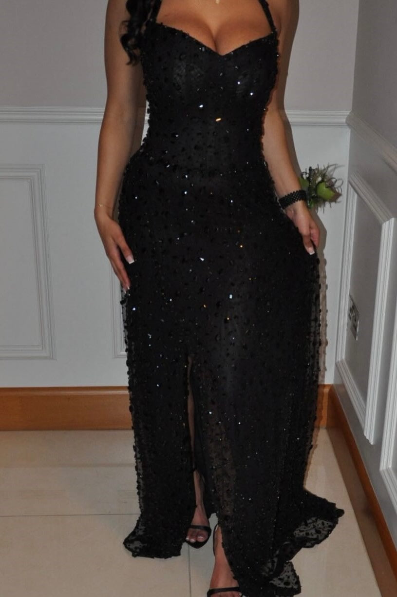 Gorgeous Black Beaded Halter Slit Long Prom Dress