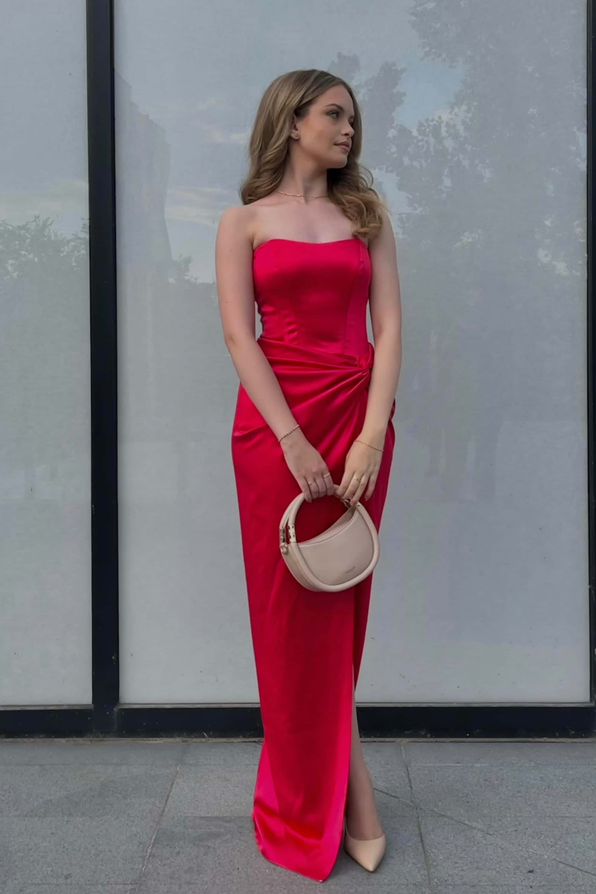 Red Satin Strapless Ruched Long Dress
