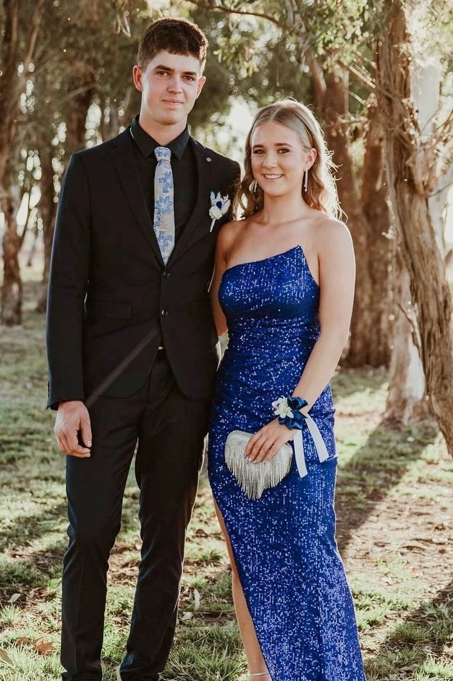 Navy Blue Strapless Sequin Long Dress