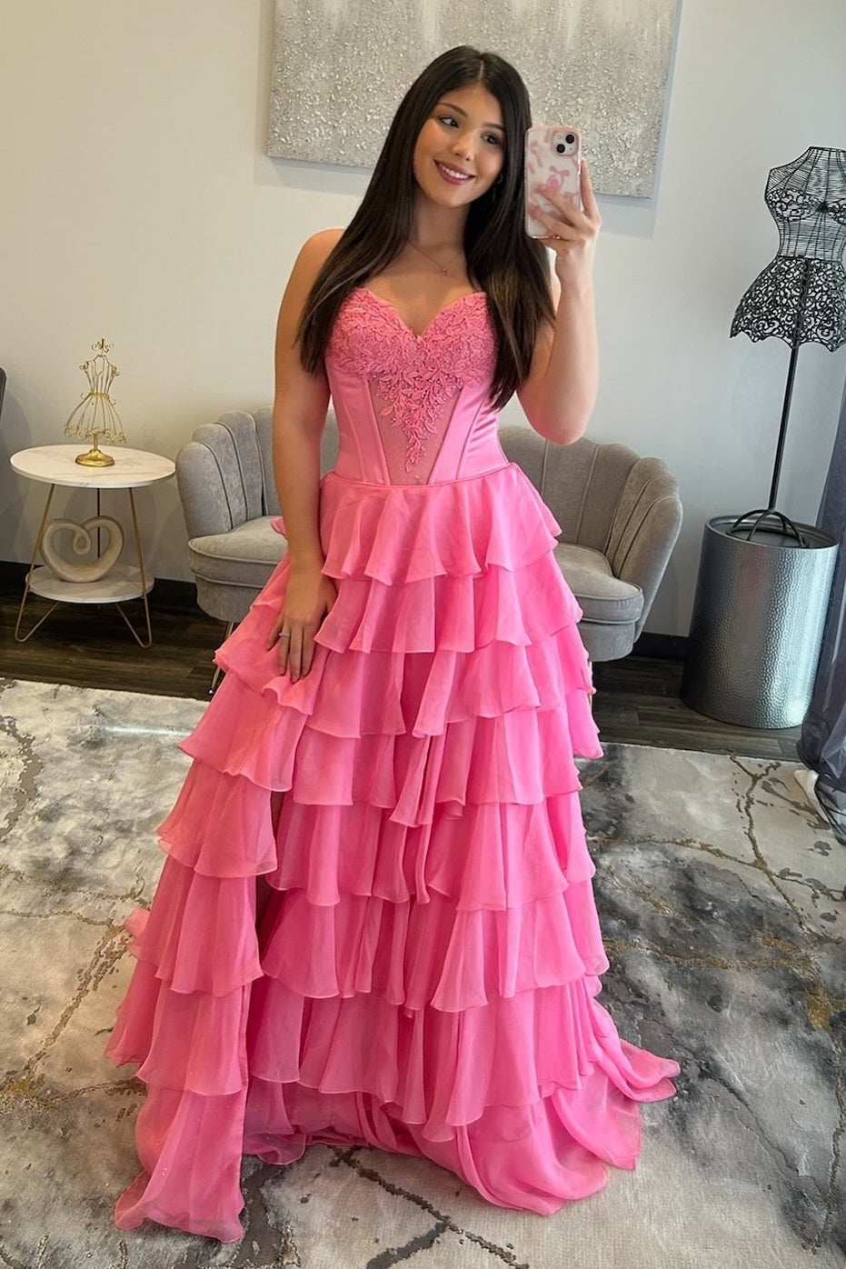 Hot Pink Sweetheart Ruffled A-Line Floor-Length Dress