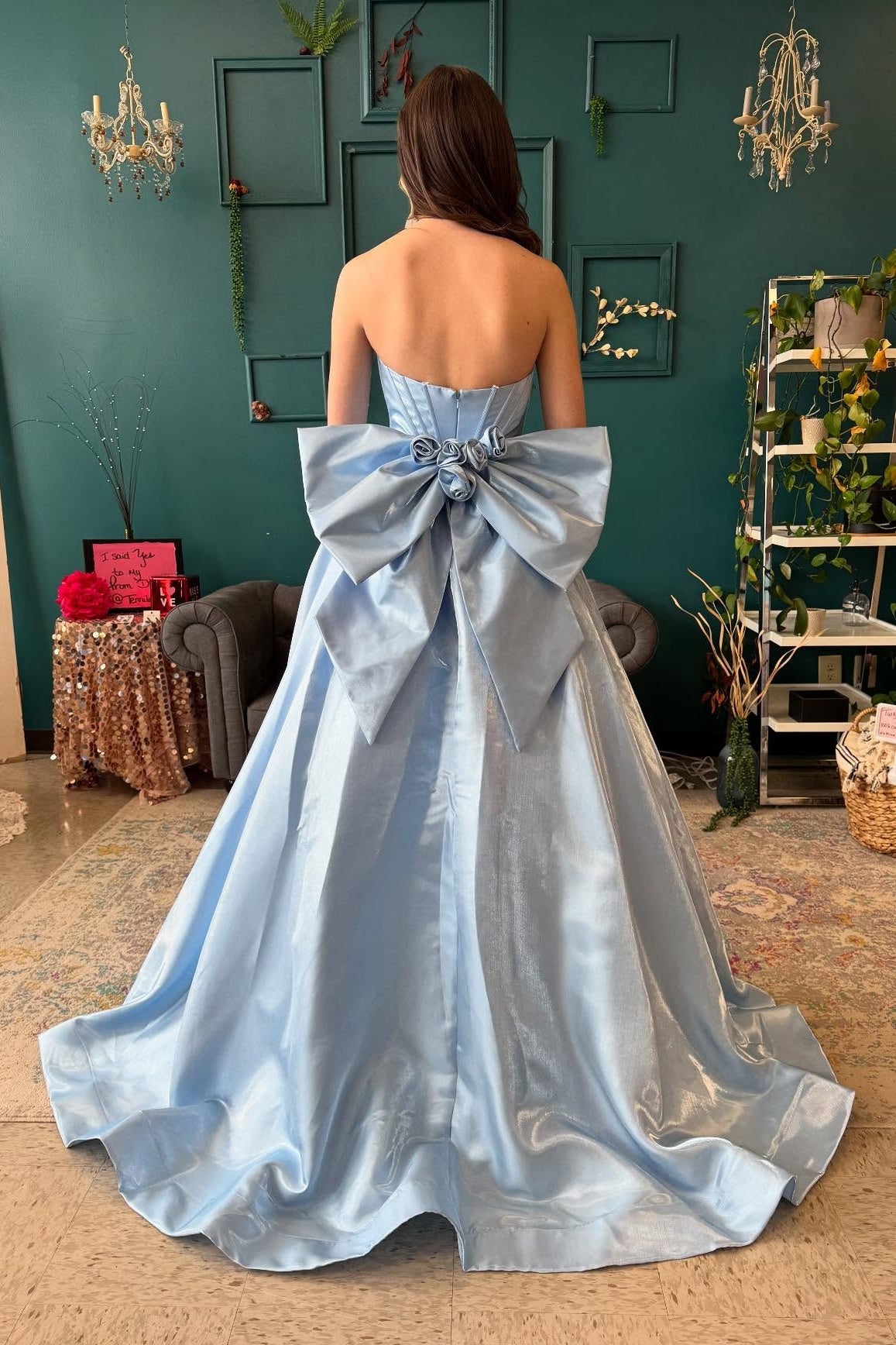 Light Blue Strapless Bow and Floral A-Line Dress