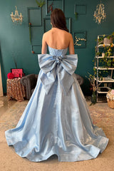 Light Blue Strapless Bow and Floral A-Line Dress