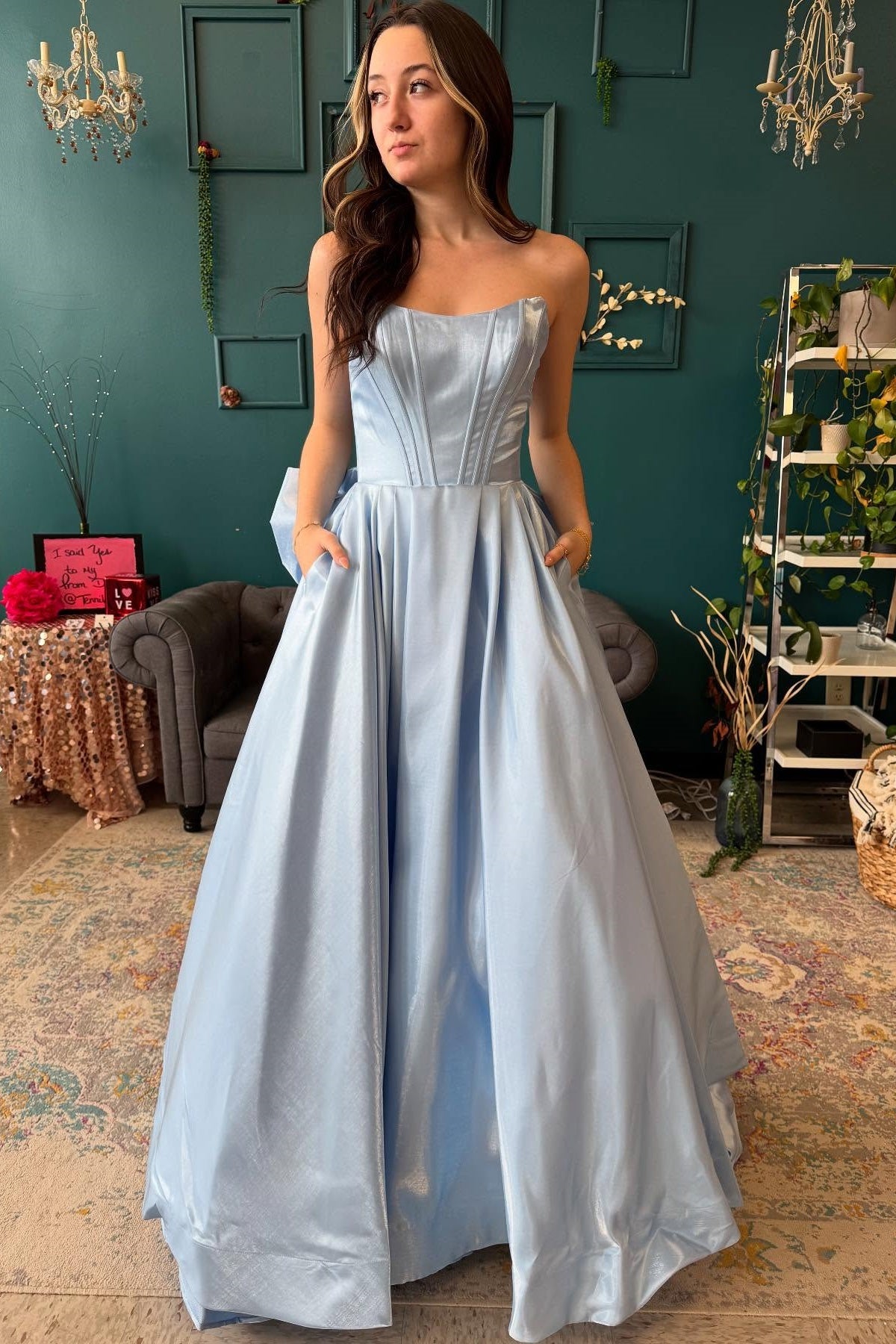 Light Blue Strapless Bow and Floral A-Line Dress