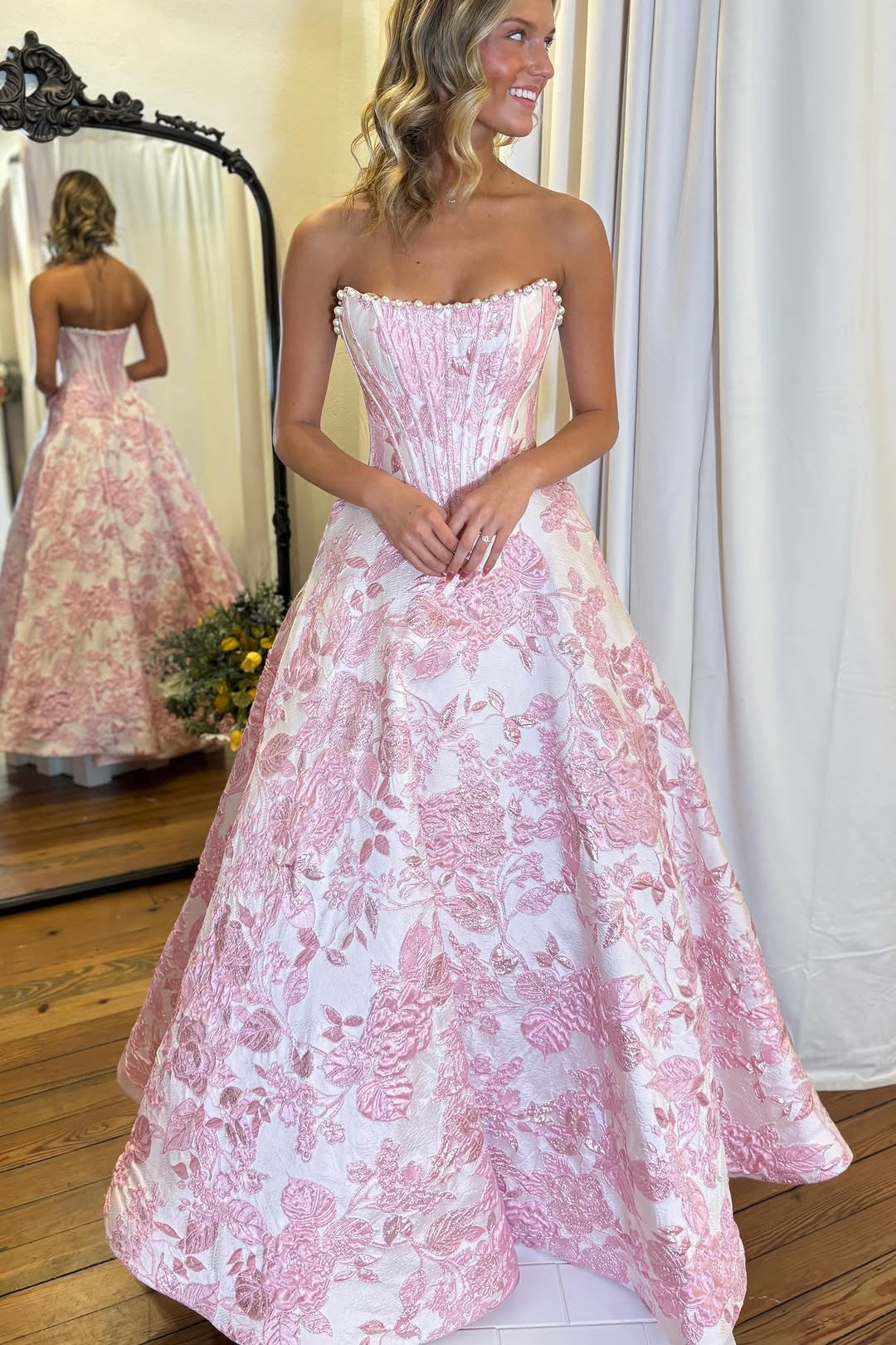 Light Pink Strapless Jacquard Pearls A-Line Dress