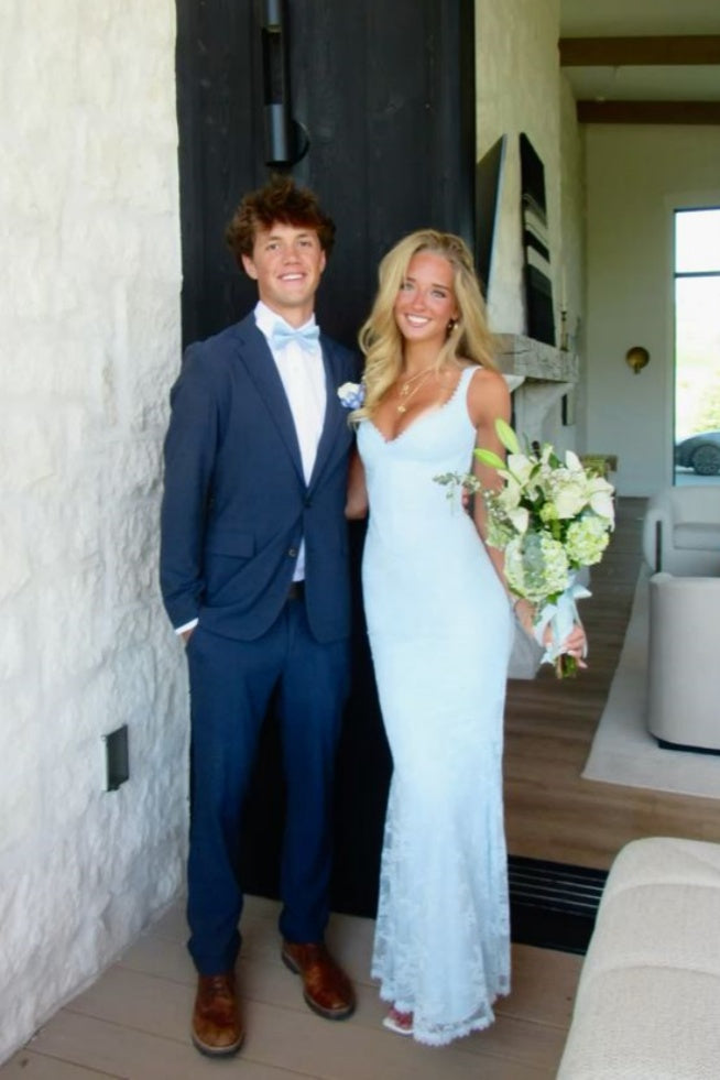 Light Blue Lace Fitted Long Dress