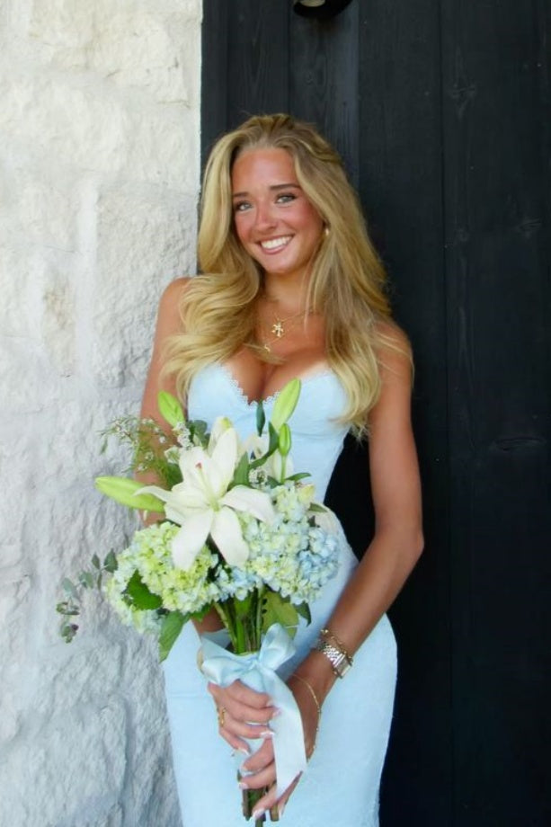 Light Blue Lace Fitted Long Dress