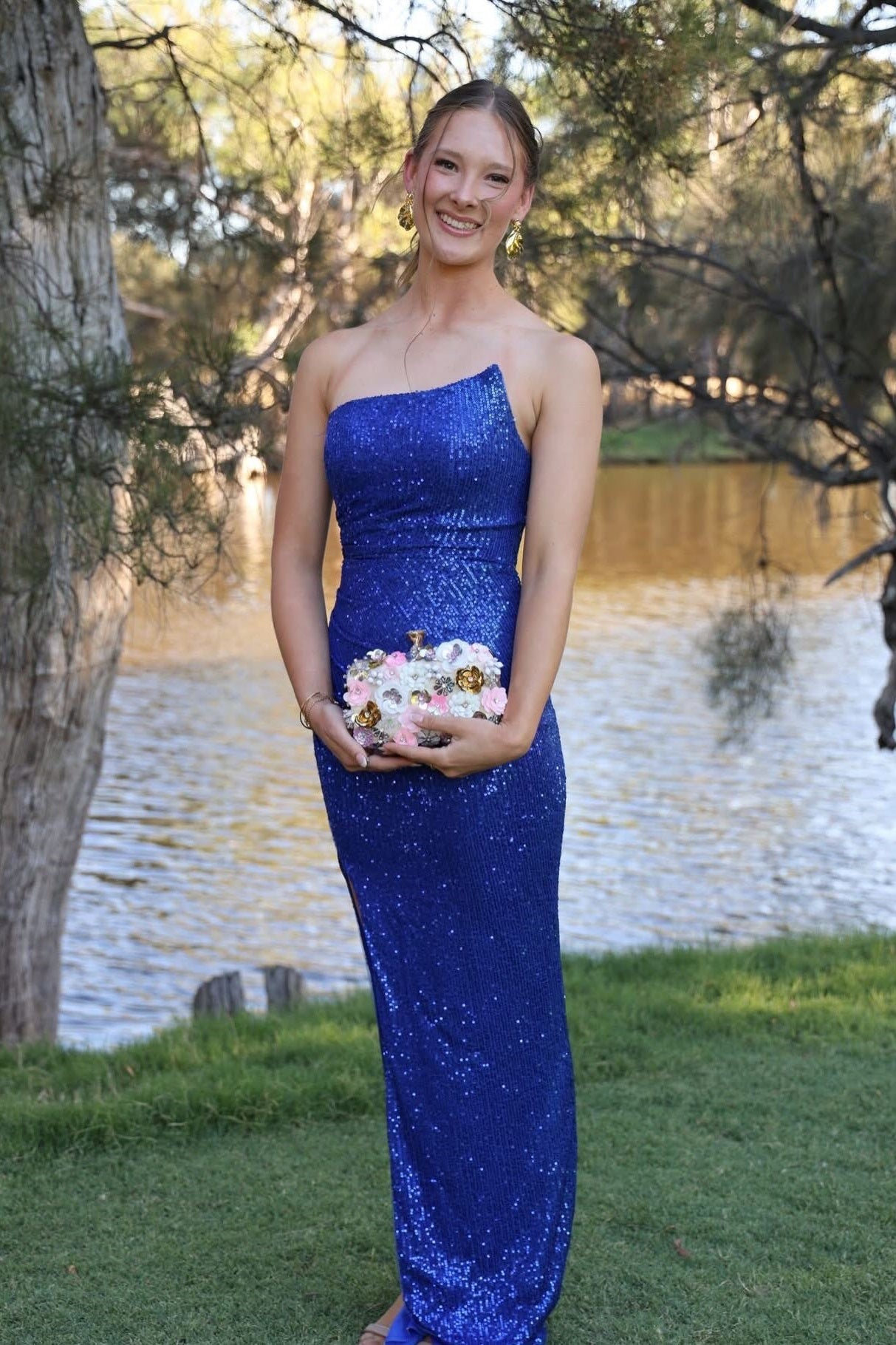 Navy Blue Strapless Sequin Long Dress