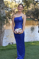 Navy Blue Strapless Sequin Long Dress